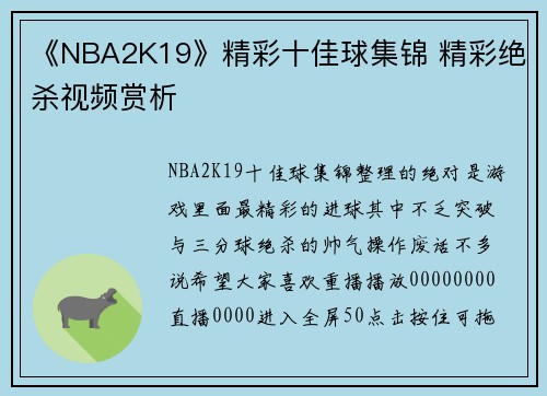 《NBA2K19》精彩十佳球集锦 精彩绝杀视频赏析
