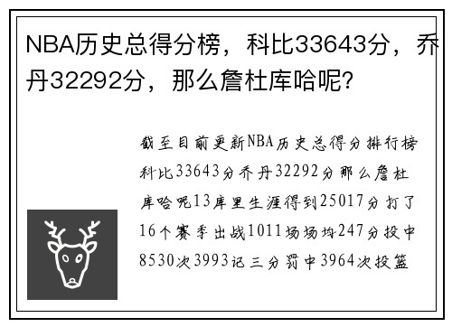 NBA历史总得分榜，科比33643分，乔丹32292分，那么詹杜库哈呢？